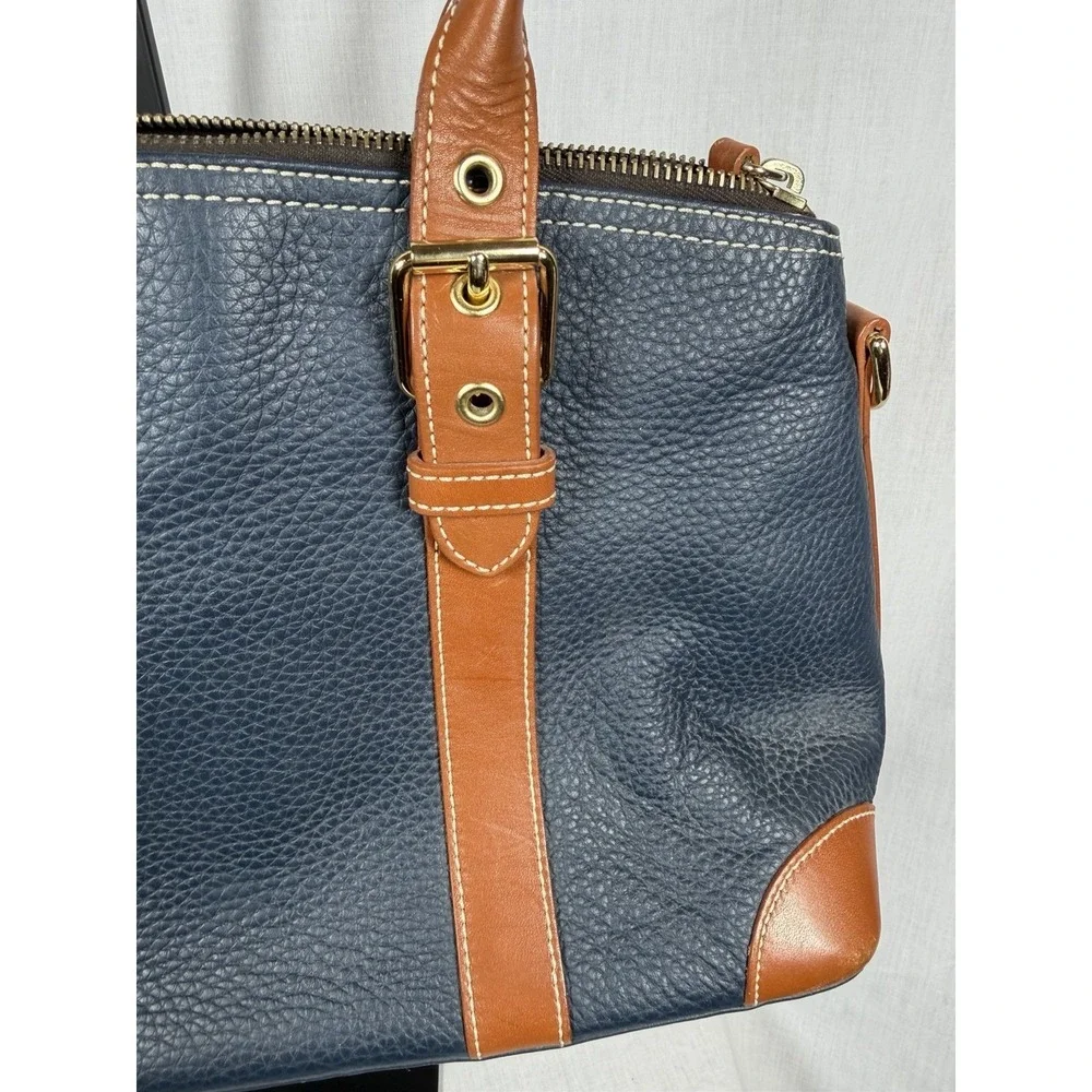 Dooney‎ & Bourke Pebbled Leather Domed Satchel Navy Tan Zip Shoulder Bag Luxury